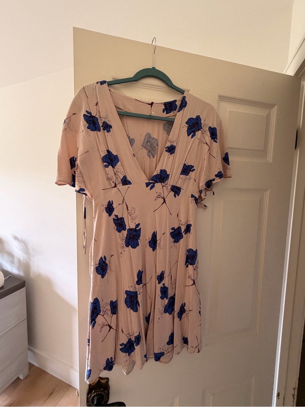 Free People Beige Mini Dress with Blue Floral Print